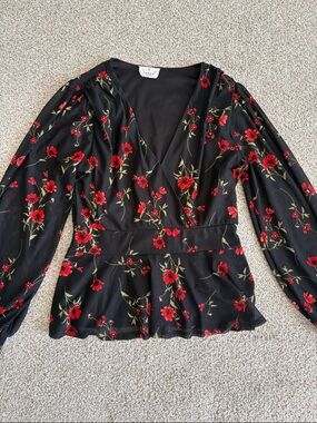 Floral V-Neck Peplum Blouse in Black with Red Flowers
